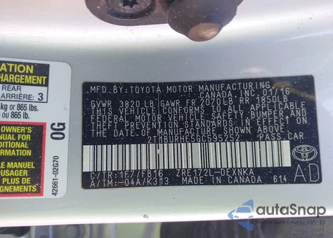 2016 Toyota Corolla Le из США, поврежденный, VIN 2T1BURHE5GC595252